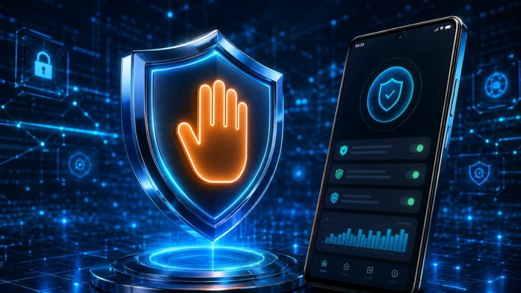 لوگوی سه بعدی سپر آبی و نماد دست نارنجی Hey Shield VPN همراه با گوشی اندروید