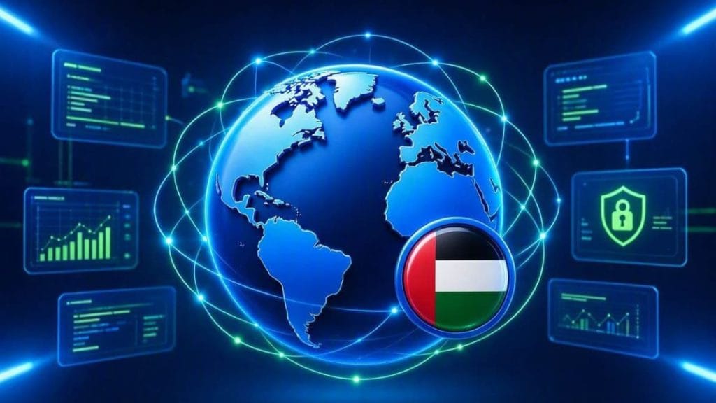 تصویر شاخص و لوگوی رسمی برنامه VPN UAE - Use UAE IP با نماد پرچم امارات و کره زمین جهت دریافت آی پی ثابت دبی