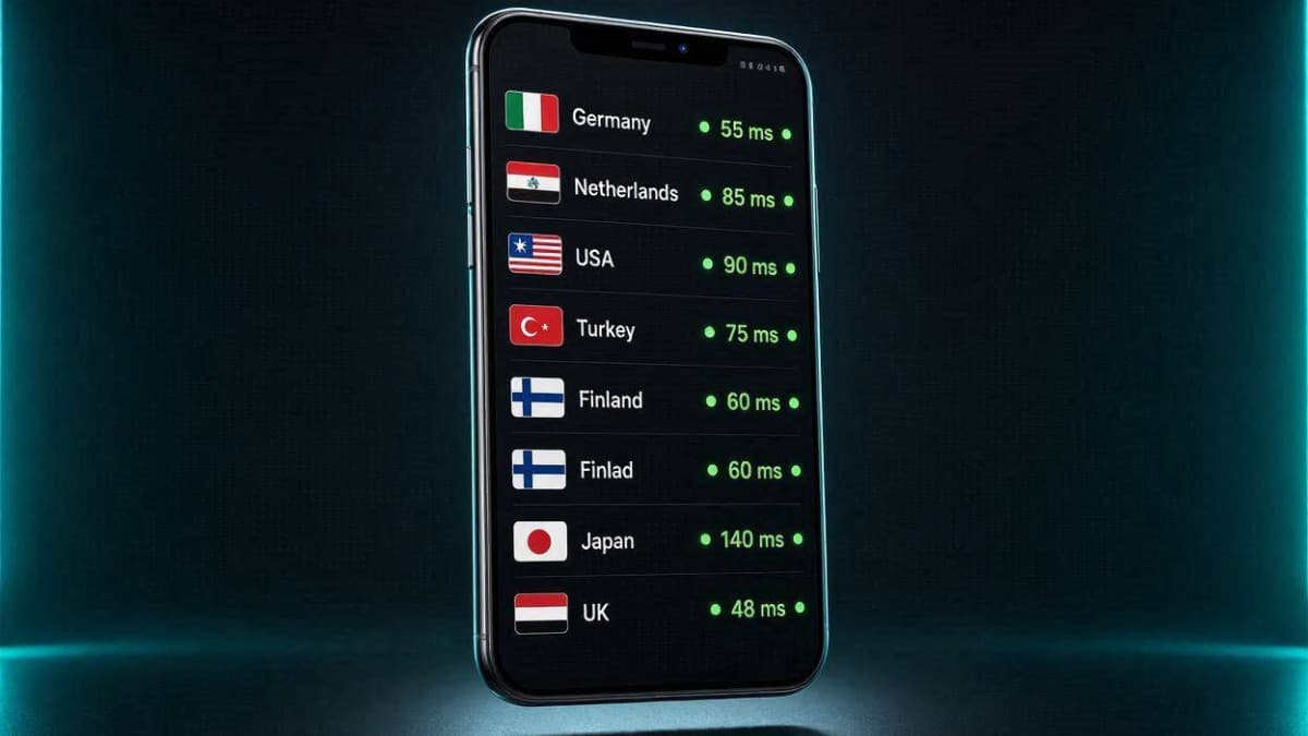 جدول سرورهای بینالمللی و تست پینگ عددی در برنامه Fortress VPN