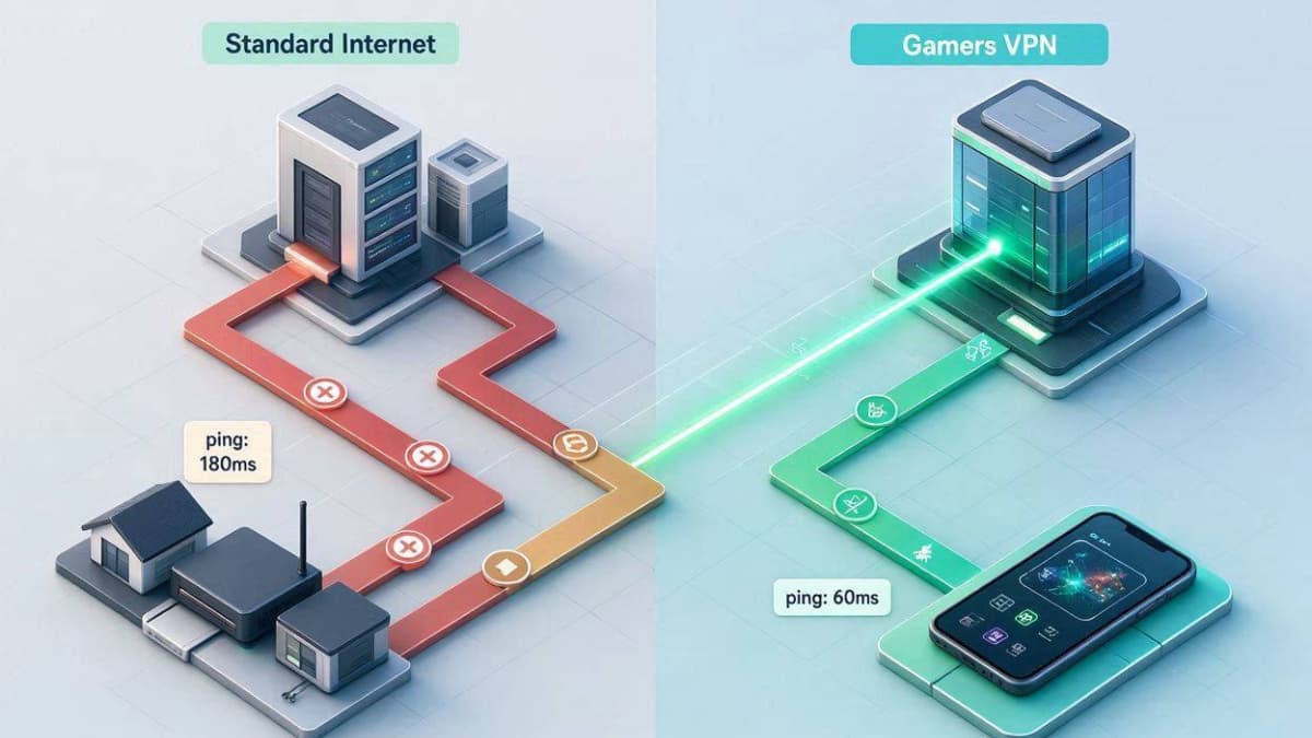 اینفوگرافیک تحلیلی مقایسه مسیریابی مستقیم داده‌ها و کاهش پینگ زیر 100 در Gamers VPN با وی پی ان معمولی
