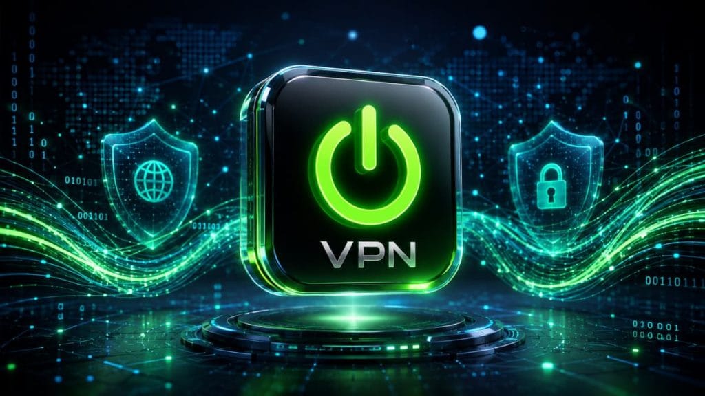 لوگو و آیکون رسمی فیلتر شکن Guru VPN همراه با دکمه پاور سبز درخشان در رسانه فلش آپک