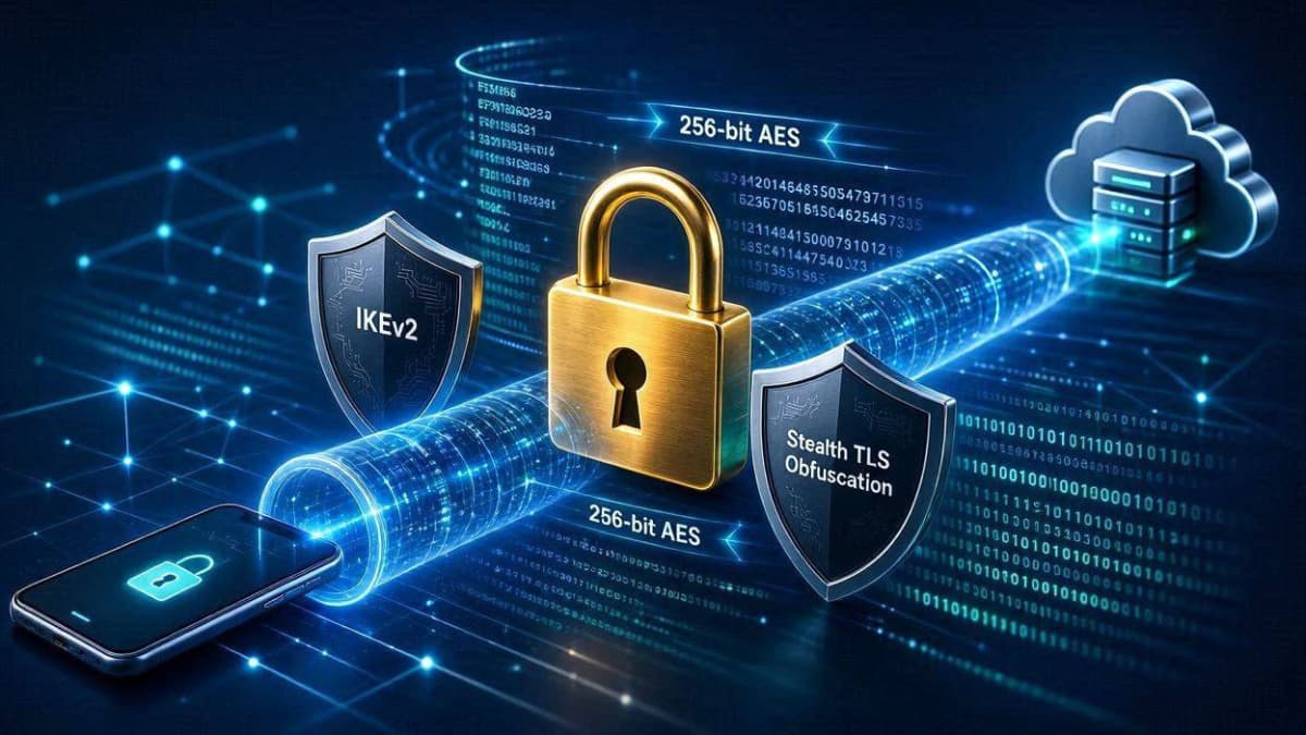 نمای مفهومی رمزبندی AES-256 bit و پروتکل‌های عبور از فیلترینگ هوشمند در JumpJumpVPN