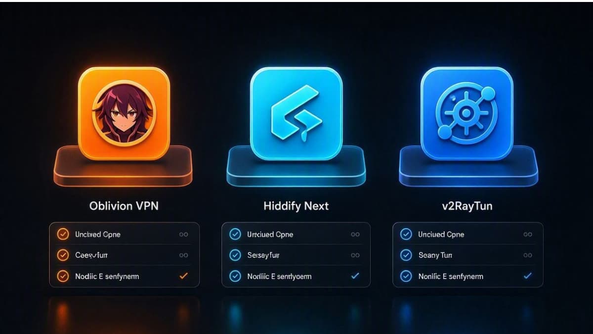 مقایسه تصویری و فنی برنامه Oblivion VPN با هیدیفای نکست Hiddify Next و v2RayTun