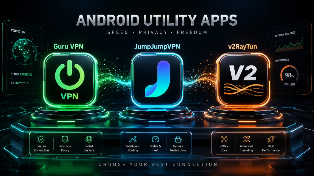 مقایسه آیکون ۳D سه فیلتر شکن Guru VPN و JumpJumpVPN و v2RayTun