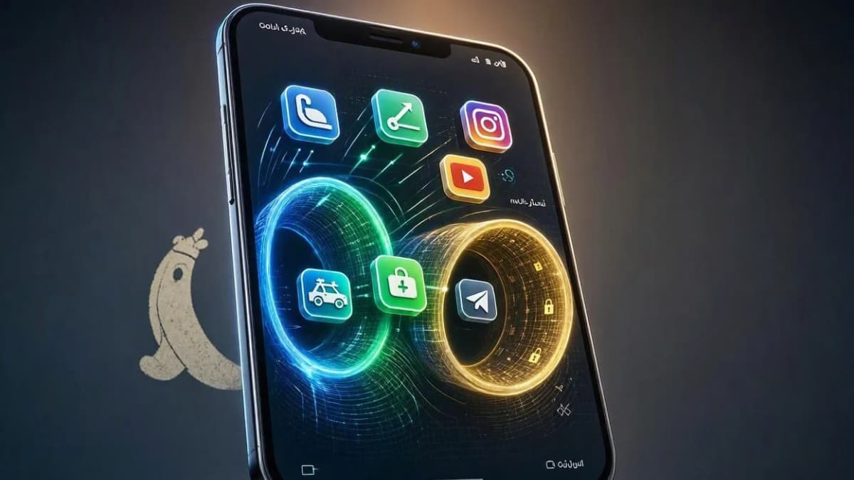 نمایش گرافیکی قابلیت Split Tunneling در Banana VPN برای تفکیک ترافیک همراه بانک و اینستاگرام