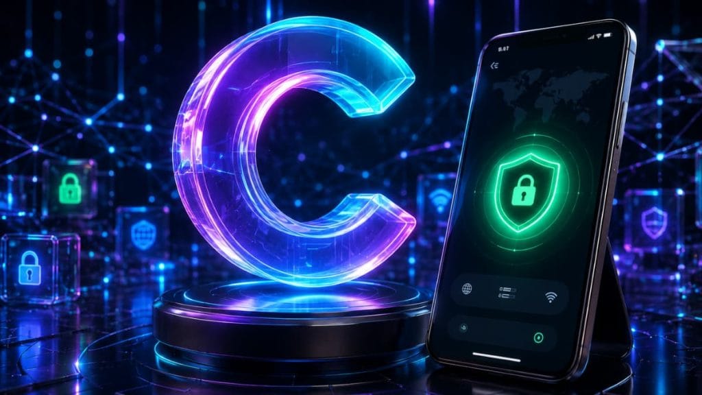 لوگوی سه بعدی و کریستالی Chroma VPN همراه با گوشی اندروید و سپر امنیتی