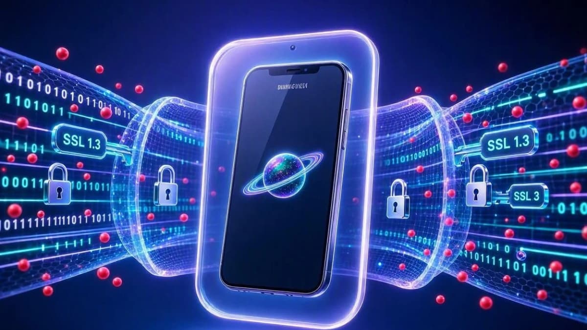 نمودار مفهومی رمزنگاری AES-256 و حل نشت IP در Galaxy VPN سامسونگ