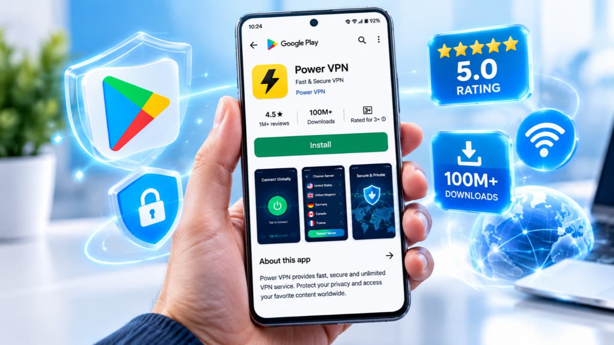 راهنمای گام به گام دانلود فیلتر شکن پرسرعت قوی جدید Power VPN از گوگل پلی استور