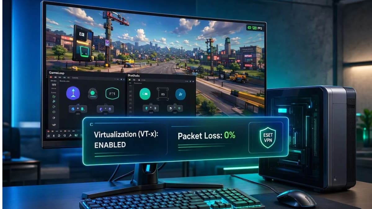 راهنمای تصویری بهینه‌سازی شبکه و رفع ارور Virtualization شبیه‌ساز GameLoop و BlueStacks با ESET VPN