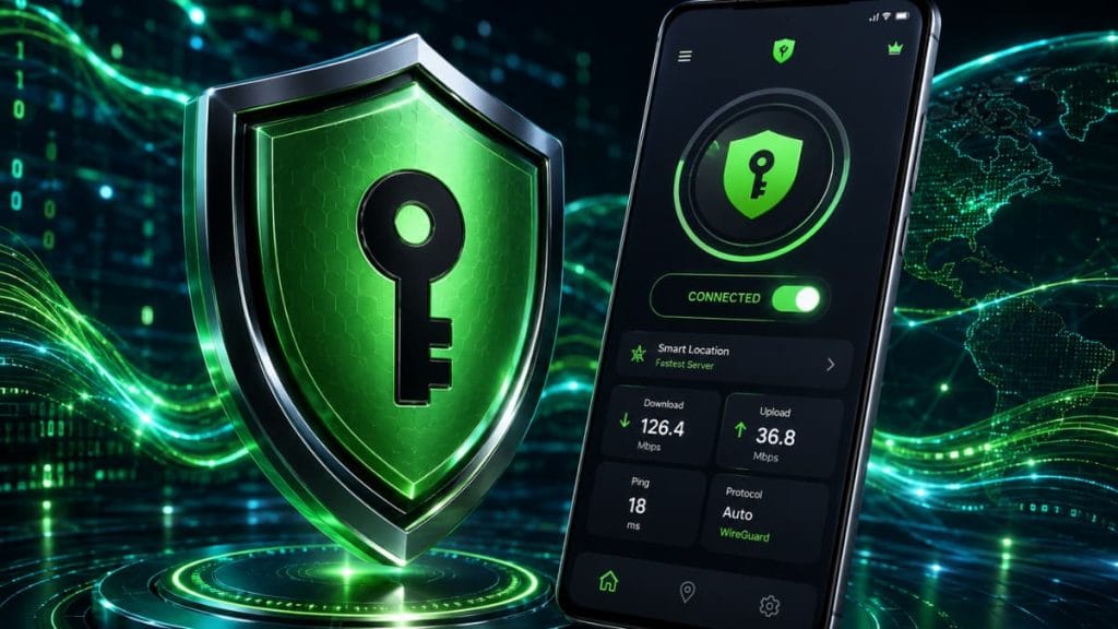 لوگوی سه بعدی سپر سبز نئونی و کلید مشکی VPN Fast Private همراه با گوشی اندروید