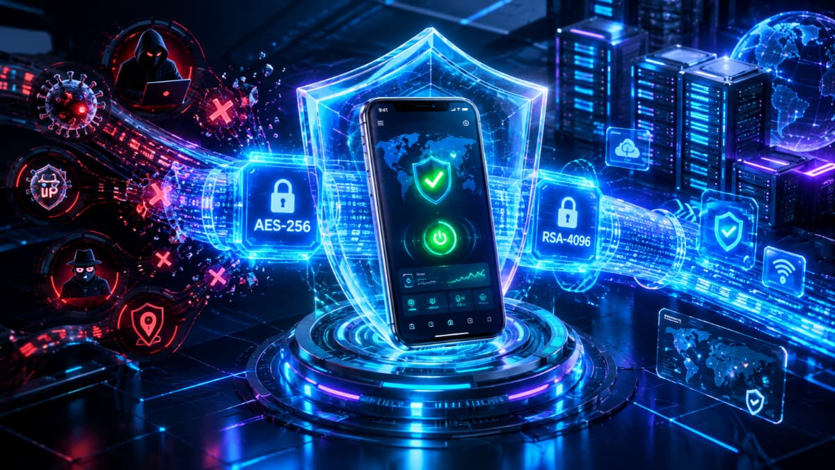 اینفوگرافیک ۳ بعدی لایه‌های رمزبندی AES-256 و فایرول NAT در فیلترشکن WiTopia personalVPN