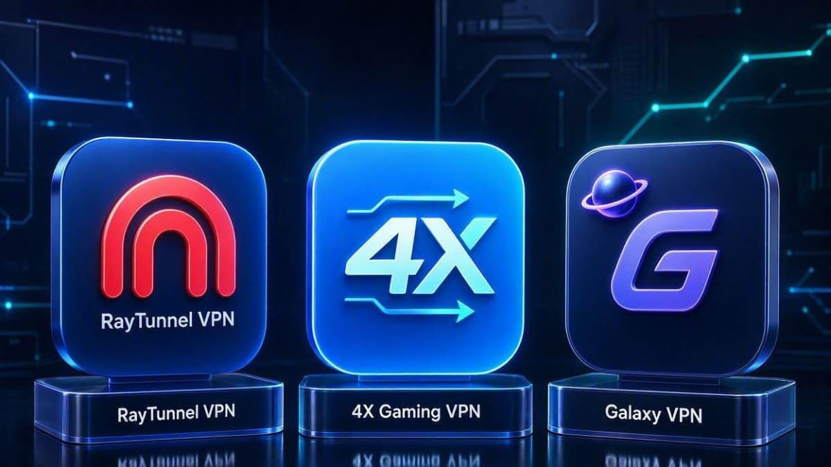 لوگوی رسمی سه برنامه RayTunnel VPN و 4X Gaming VPN و Galaxy VPN در کنار هم جهت مقایسه سرعت و پینگ روی سامسونگ