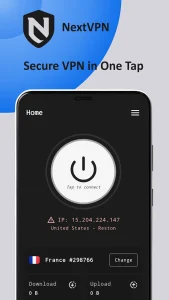 محیط داخلی برنامه NextVPN و دکمه اتصال یک کلیکی پرسرعت روی گوشی شیائومی ردمی نوت