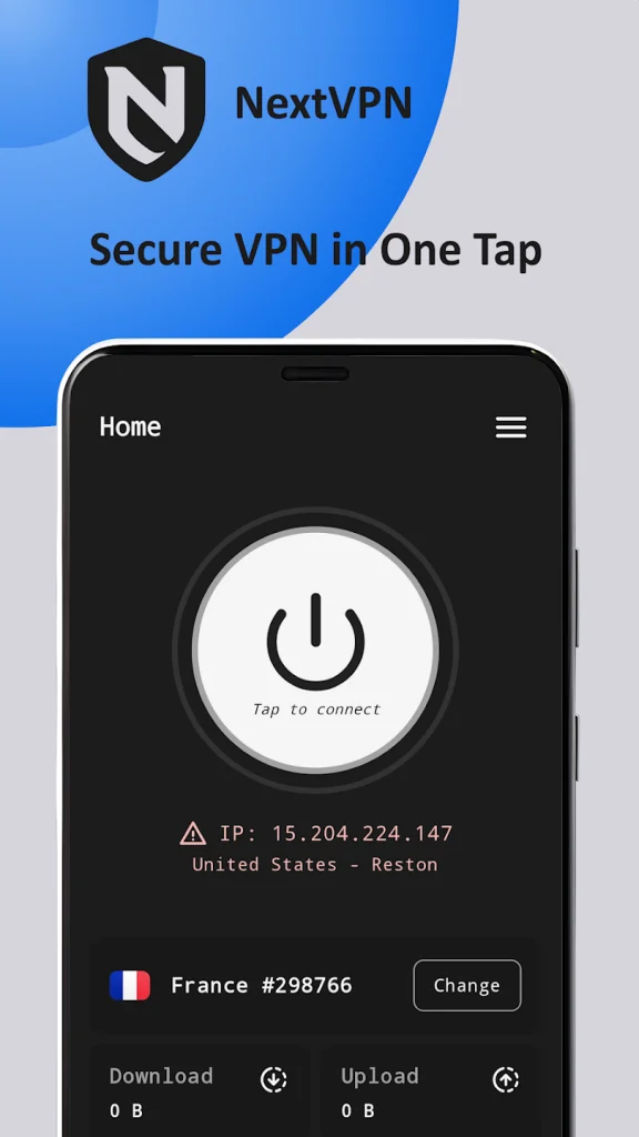 محیط داخلی برنامه NextVPN و دکمه اتصال یک کلیکی پرسرعت روی گوشی شیائومی ردمی نوت