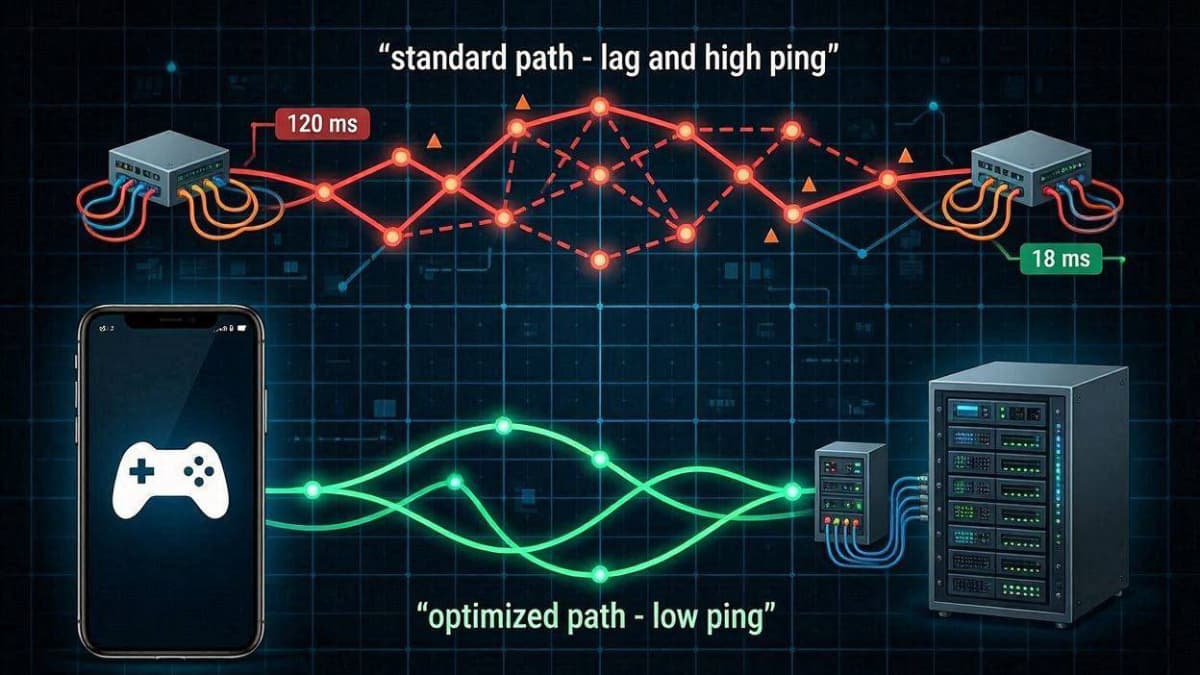 نمودار مقایسه مسیر طولانی و پر تاخیر عادی با مسیر مستقیم و بهینهسازی شده توسط Gaming VPN