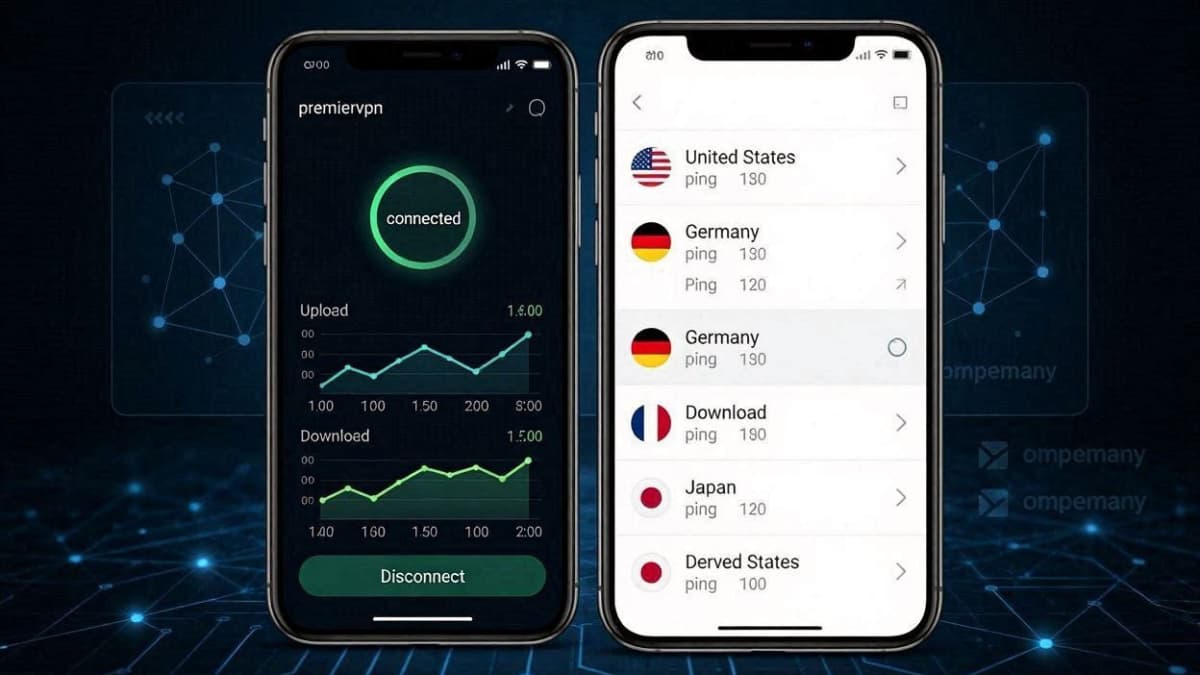 رابط کاربری فیلتر شکن قوی و پرسرعت PremierVPN با لیست سرورهای آلمان و آمریکا و نمودار تست سرعت زنده در گوشی اندروید