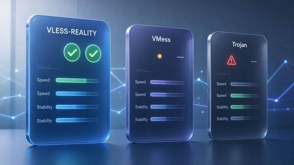 مقایسه فنی پروتکل های VLESS REALITY و VMess و Trojan
