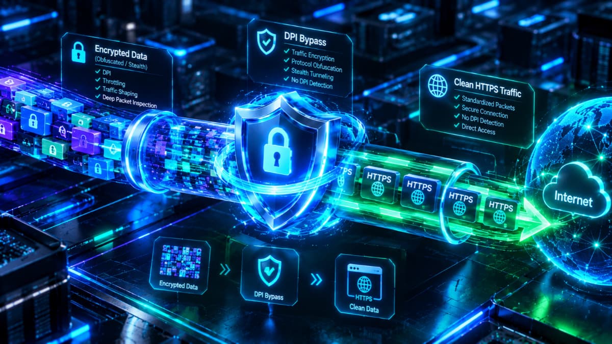 اینفوگرافیک سه‌بعدی شبیه‌سازی ترافیک و گذر از فیلترینگ DPI در SECURE VPN
